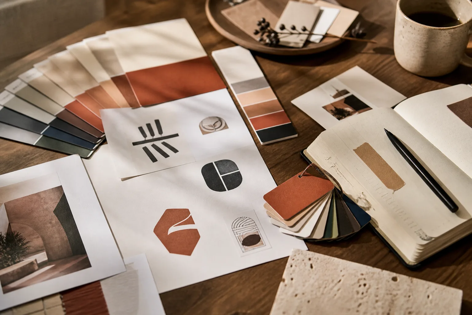 A designer's desk with color swatches, printed logo concepts, and a notebook.