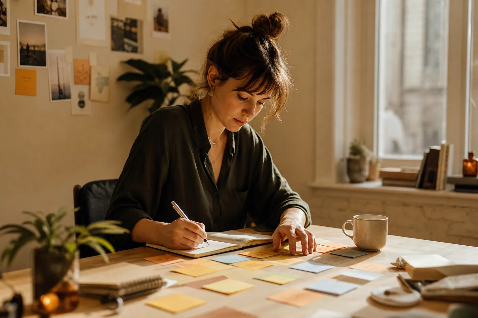 A person at a bright desk mapping out ideas with sticky notes and a notebook.