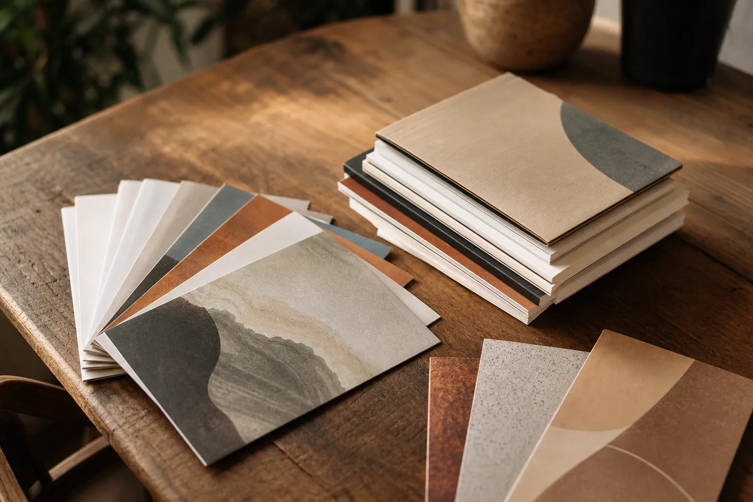 A stack and fan of beautifully printed booklets, flyers, and mailers on a table.