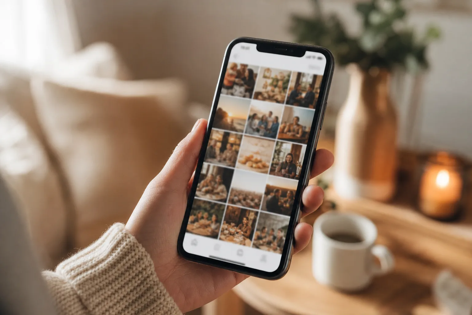 A smartphone showing a social media feed of warm community photographs.