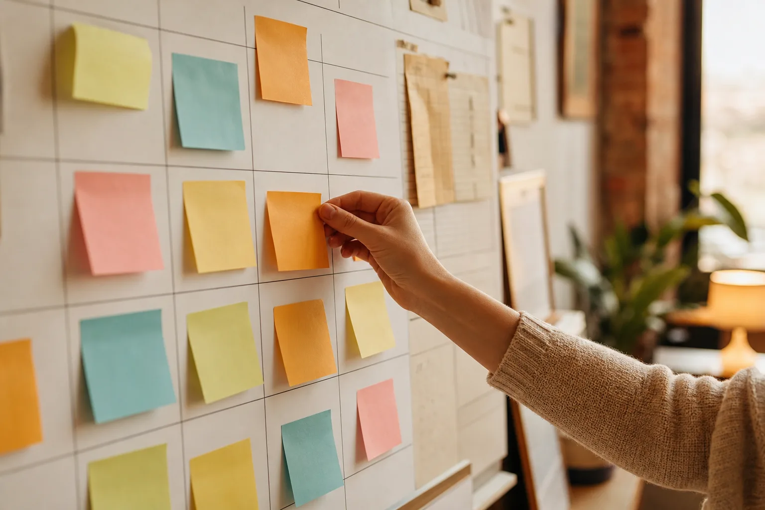 A planning board covered with colorful sticky notes and a content calendar.